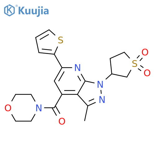 3-[3-methyl-4-(morpholine-4-carbonyl)-6-(thiophen-2-yl)-1H-pyrazolo[3,4-b]pyridin-1-yl]-1lambda6-thiolane-1,1-dione structure