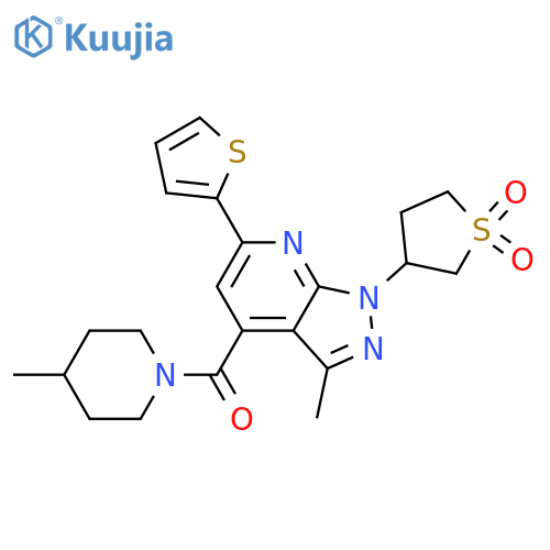 3-[3-methyl-4-(4-methylpiperidine-1-carbonyl)-6-(thiophen-2-yl)-1H-pyrazolo[3,4-b]pyridin-1-yl]-1lambda6-thiolane-1,1-dione structure