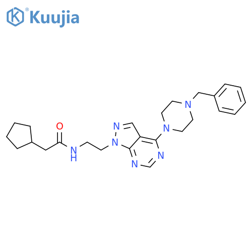 N-{2-[4-(4-benzylpiperazin-1-yl)-1H-pyrazolo[3,4-d]pyrimidin-1-yl]ethyl}-2-cyclopentylacetamide structure
