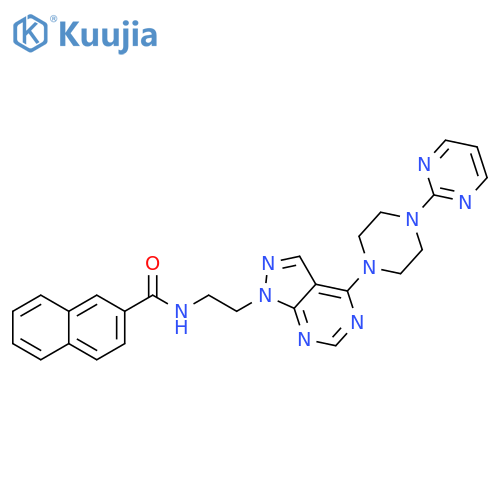 N-(2-{4-[4-(pyrimidin-2-yl)piperazin-1-yl]-1H-pyrazolo[3,4-d]pyrimidin-1-yl}ethyl)naphthalene-2-carboxamide structure