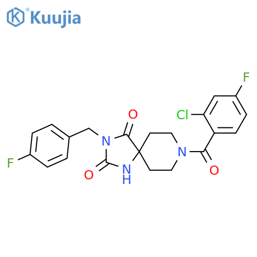 8-(2-chloro-4-fluorobenzoyl)-3-[(4-fluorophenyl)methyl]-1,3,8-triazaspiro[4.5]decane-2,4-dione structure
