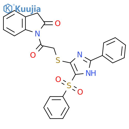 1-(2-{[4-(benzenesulfonyl)-2-phenyl-1H-imidazol-5-yl]sulfanyl}acetyl)-2,3-dihydro-1H-indol-2-one structure