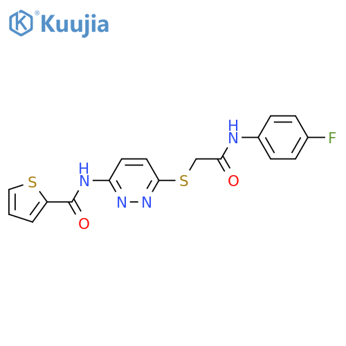N-[6-({[(4-fluorophenyl)carbamoyl]methyl}sulfanyl)pyridazin-3-yl]thiophene-2-carboxamide structure