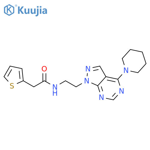N-{2-[4-(piperidin-1-yl)-1H-pyrazolo[3,4-d]pyrimidin-1-yl]ethyl}-2-(thiophen-2-yl)acetamide structure