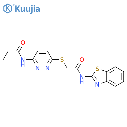 N-[6-({[(1,3-benzothiazol-2-yl)carbamoyl]methyl}sulfanyl)pyridazin-3-yl]propanamide structure