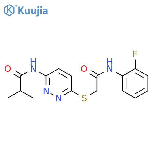 N-[6-({[(2-fluorophenyl)carbamoyl]methyl}sulfanyl)pyridazin-3-yl]-2-methylpropanamide structure