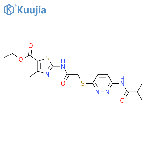 ethyl 4-methyl-2-(2-{[6-(2-methylpropanamido)pyridazin-3-yl]sulfanyl}acetamido)-1,3-thiazole-5-carboxylate structure