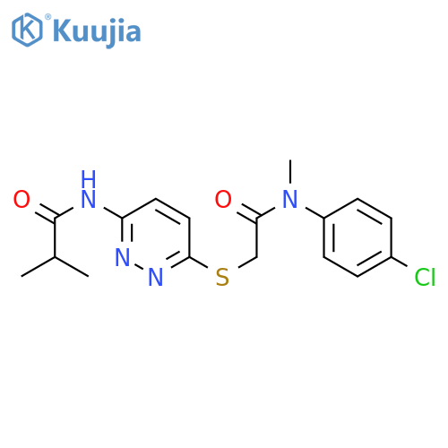 N-{6-[({[(4-chlorophenyl)methyl]carbamoyl}methyl)sulfanyl]pyridazin-3-yl}-2-methylpropanamide structure