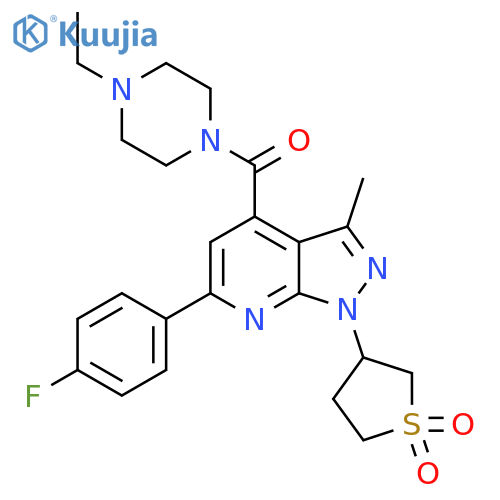 3-[4-(4-ethylpiperazine-1-carbonyl)-6-(4-fluorophenyl)-3-methyl-1H-pyrazolo[3,4-b]pyridin-1-yl]-1lambda6-thiolane-1,1-dione structure