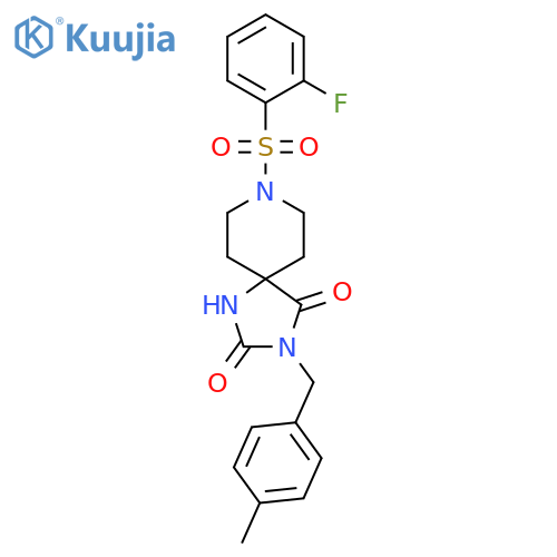 8-(2-fluorobenzenesulfonyl)-3-[(4-methylphenyl)methyl]-1,3,8-triazaspiro[4.5]decane-2,4-dione structure
