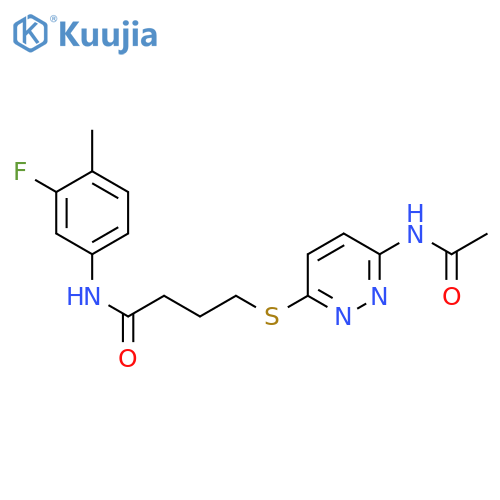 4-[(6-acetamidopyridazin-3-yl)sulfanyl]-N-(3-fluoro-4-methylphenyl)butanamide structure