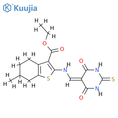 ethyl 2-{[(4,6-dioxo-2-sulfanylidene-1,3-diazinan-5-ylidene)methyl]amino}-6-methyl-4,5,6,7-tetrahydro-1-benzothiophene-3-carboxylate structure