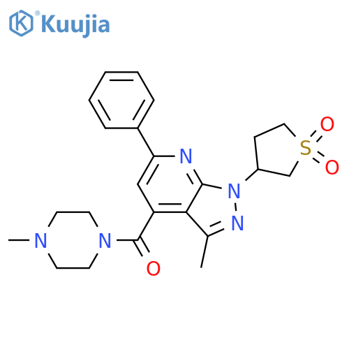 3-[3-methyl-4-(4-methylpiperazine-1-carbonyl)-6-phenyl-1H-pyrazolo[3,4-b]pyridin-1-yl]-1lambda6-thiolane-1,1-dione structure