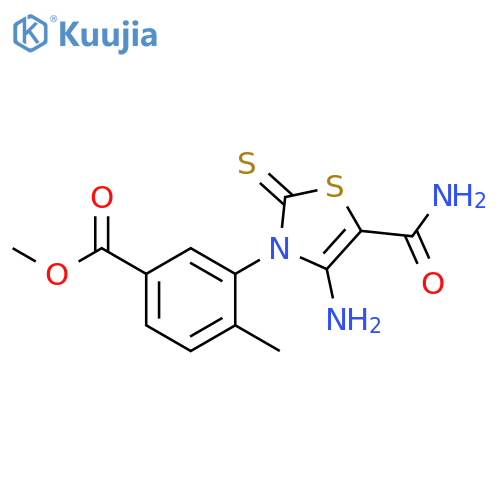 methyl 3-(4-amino-5-carbamoyl-2-sulfanylidene-2,3-dihydro-1,3-thiazol-3-yl)-4-methylbenzoate structure
