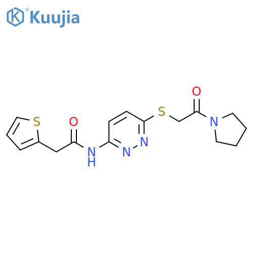 N-(6-{[2-oxo-2-(pyrrolidin-1-yl)ethyl]sulfanyl}pyridazin-3-yl)-2-(thiophen-2-yl)acetamide structure