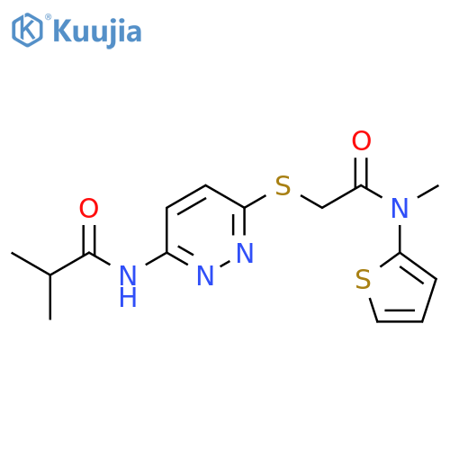 2-methyl-N-{6-[({[(thiophen-2-yl)methyl]carbamoyl}methyl)sulfanyl]pyridazin-3-yl}propanamide structure