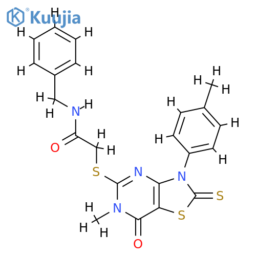 N-benzyl-2-{[6-methyl-3-(4-methylphenyl)-7-oxo-2-sulfanylidene-2H,3H,6H,7H-[1,3]thiazolo[4,5-d]pyrimidin-5-yl]sulfanyl}acetamide structure