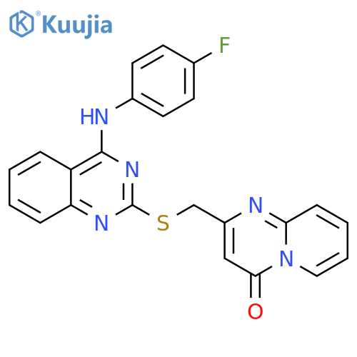 2-[({4-[(4-fluorophenyl)amino]quinazolin-2-yl}sulfanyl)methyl]-4H-pyrido[1,2-a]pyrimidin-4-one structure