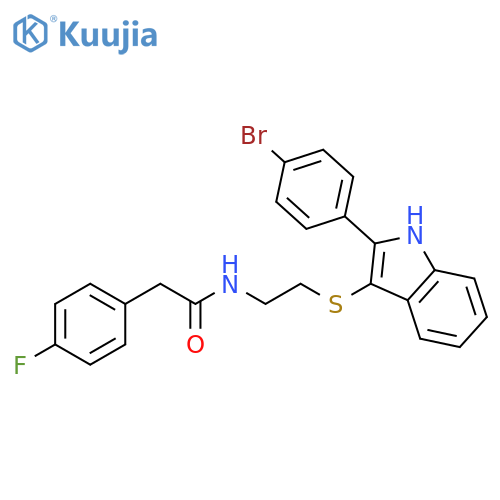 N-(2-{[2-(4-bromophenyl)-1H-indol-3-yl]sulfanyl}ethyl)-2-(4-fluorophenyl)acetamide structure