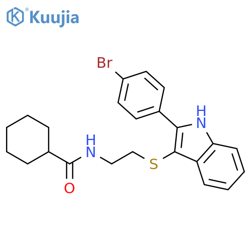 N-(2-{[2-(4-bromophenyl)-1H-indol-3-yl]sulfanyl}ethyl)cyclohexanecarboxamide structure