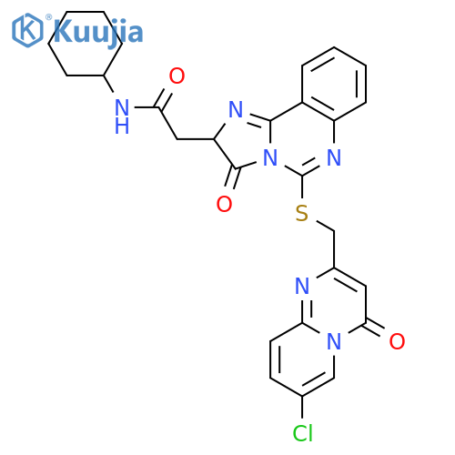 2-{5-[({7-chloro-4-oxo-4H-pyrido[1,2-a]pyrimidin-2-yl}methyl)sulfanyl]-3-oxo-2H,3H-imidazo[1,2-c]quinazolin-2-yl}-N-cyclohexylacetamide structure