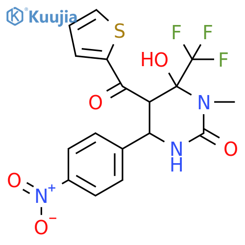 6-hydroxy-1-methyl-4-(4-nitrophenyl)-5-(thiophene-2-carbonyl)-6-(trifluoromethyl)-1,3-diazinan-2-one structure