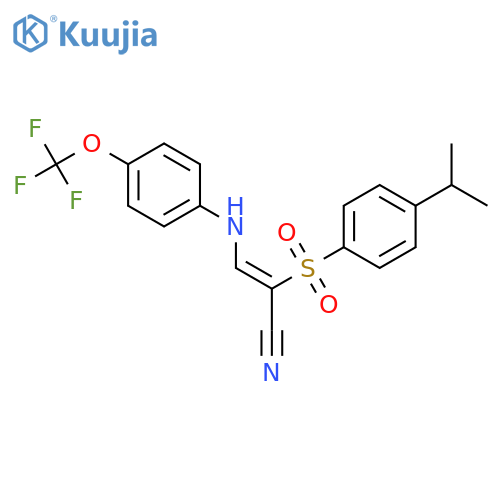 (Z)-2-(4-propan-2-ylphenyl)sulfonyl-3-[4-(trifluoromethoxy)anilino]prop-2-enenitrile structure