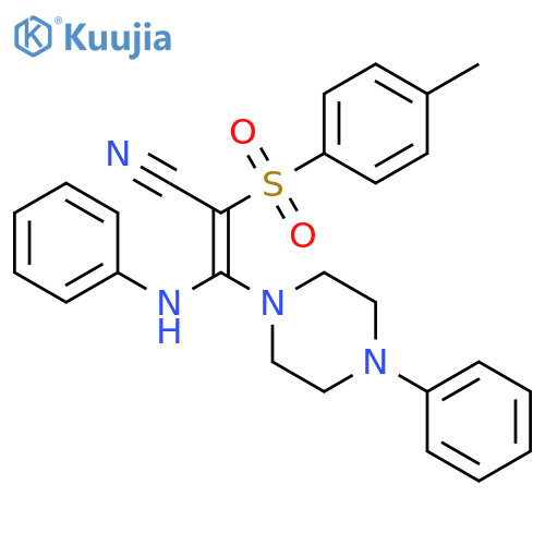 (Z)-3-anilino-2-(4-methylphenyl)sulfonyl-3-(4-phenylpiperazin-1-yl)prop-2-enenitrile structure
