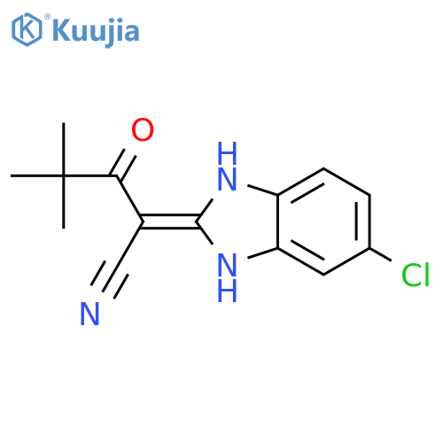 (2E)-2-(5-chloro-1,3-dihydrobenzimidazol-2-ylidene)-4,4-dimethyl-3-oxopentanenitrile structure