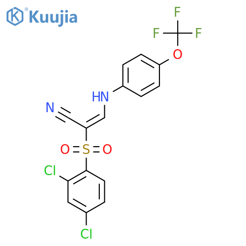 (E)-2-(2,4-Dichlorophenyl)sulfonyl-3-[4-(trifluoromethoxy)anilino]prop-2-enenitrile structure