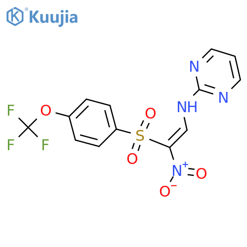 N-[(Z)-2-nitro-2-[4-(trifluoromethoxy)phenyl]sulfonylethenyl]pyrimidin-2-amine structure
