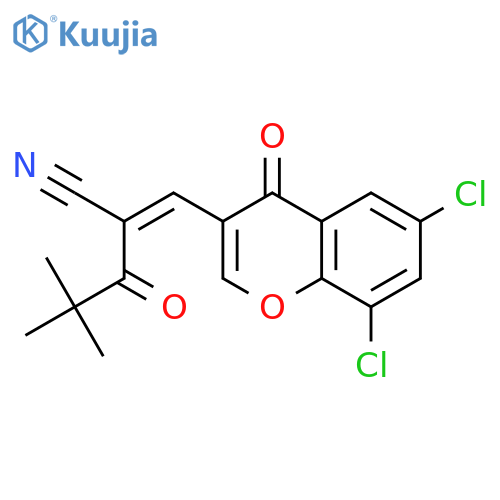 (2Z)-2-[(6,8-dichloro-4-oxochromen-3-yl)methylidene]-4,4-dimethyl-3-oxopentanenitrile structure