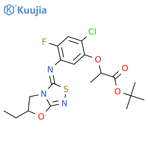 Propanoic acid, 2-[2-chloro-5-[(6-ethyl-5,6-dihydro-3H-oxazolo[2,3-c][1,2,4]thiadiazol-3- ylidene)amino]-4-fluorophenoxy]-, 1,1-dimethylethyl ester structure