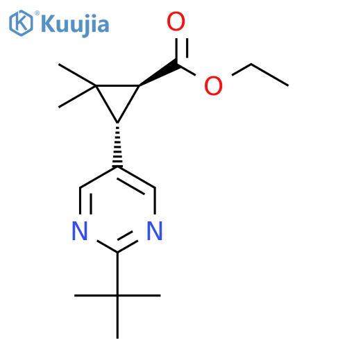 Cyclopropanecarboxylic acid, 3-[2-(1,1-dimethylethyl)-5-pyrimidinyl]-2,2-dimethyl-, ethyl ester, trans- structure