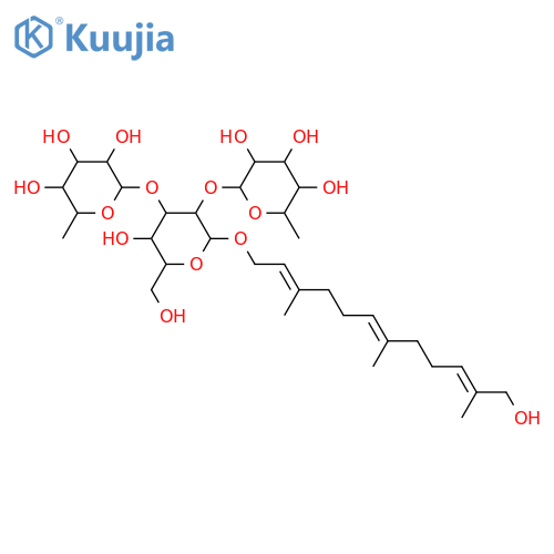 b-D-Glucopyranoside,(2E,6E,10E)-12-hydroxy-3,7,11-trimethyl-2,6,10-dodecatrien-1-yl O-6-deoxy-a-L-mannopyranosyl-(1&reg;2)-O-[6-deoxy-a-L-mannopyranosyl-(1&reg;3)]- structure