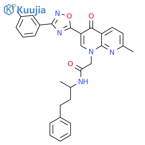 2-{3-[3-(3-fluorophenyl)-1,2,4-oxadiazol-5-yl]-7-methyl-4-oxo-1,4-dihydro-1,8-naphthyridin-1-yl}-N-(4-phenylbutan-2-yl)acetamide structure