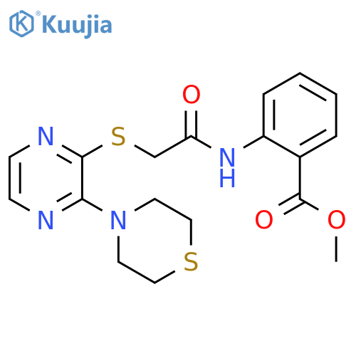 methyl 2-(2-{[3-(thiomorpholin-4-yl)pyrazin-2-yl]sulfanyl}acetamido)benzoate structure