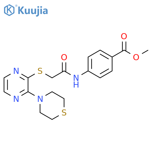 methyl 4-(2-{[3-(thiomorpholin-4-yl)pyrazin-2-yl]sulfanyl}acetamido)benzoate structure