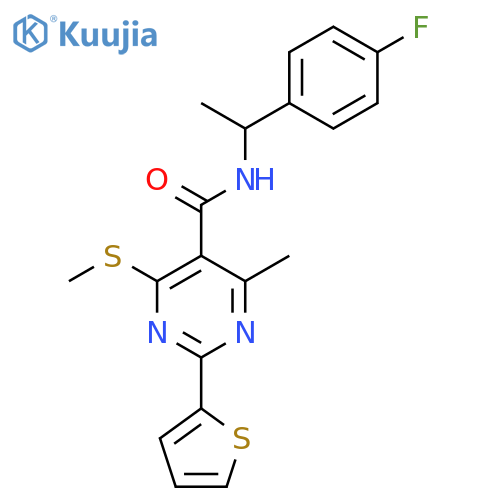 N-[1-(4-fluorophenyl)ethyl]-4-methyl-6-(methylsulfanyl)-2-(thiophen-2-yl)pyrimidine-5-carboxamide structure
