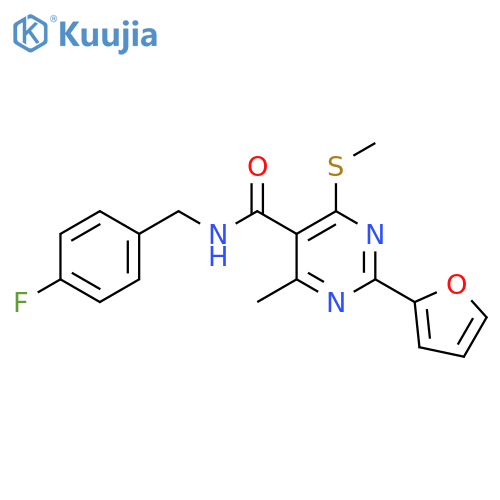 N-[(4-fluorophenyl)methyl]-2-(furan-2-yl)-4-methyl-6-(methylsulfanyl)pyrimidine-5-carboxamide structure