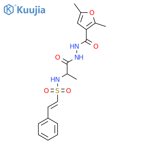 N-{1-[N'-(2,5-dimethylfuran-3-carbonyl)hydrazinecarbonyl]ethyl}-2-phenylethene-1-sulfonamide structure