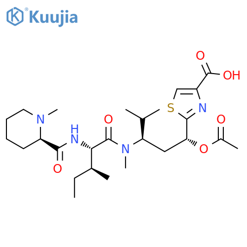 4-Thiazolecarboxylic acid, 2-[(1R,3R)-1-(acetyloxy)-4-methyl-3-[methyl[(2S,3S)-3-methyl-2-[[[(2R)-1-methyl-2-piperidinyl]carbonyl]amino]-1-oxopentyl]amino]pentyl]- structure
