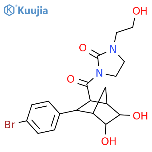 2-Imidazolidinone, 1-[[(1R,2S,3R,4S,5S,6R)-3-(4-bromophenyl)-5,6-dihydroxybicyclo[2.2.1]hept-2-yl]carbonyl]-3-(2-hydroxyethyl)-, rel- structure