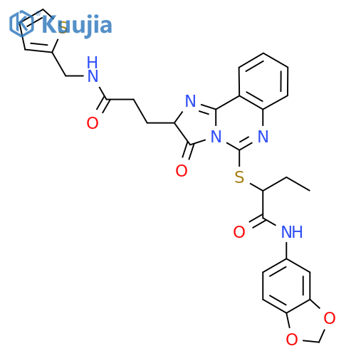 N-(2H-1,3-benzodioxol-5-yl)-2-{[3-oxo-2-(2-{[(thiophen-2-yl)methyl]carbamoyl}ethyl)-2H,3H-imidazo[1,2-c]quinazolin-5-yl]sulfanyl}butanamide structure