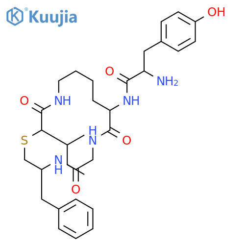 Benzenepropanamide, a-amino-4-hydroxy-N-[(3S,9R,16S)-16-(2-methylpropyl)-5,8,15-trioxo-3-(phenylmethyl)-1-thia-4,7,14-triazacyclohexadec-9-yl]-,(aS)- structure