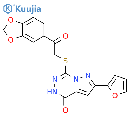 7-{[2-(2H-1,3-benzodioxol-5-yl)-2-oxoethyl]sulfanyl}-2-(furan-2-yl)-4H,5H-pyrazolo[1,5-d][1,2,4]triazin-4-one structure
