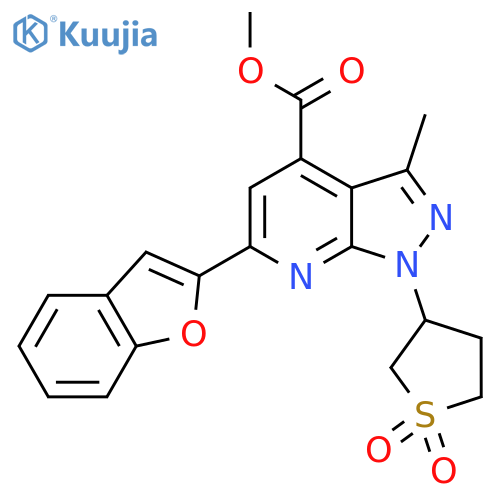 methyl 6-(1-benzofuran-2-yl)-1-(1,1-dioxo-1lambda6-thiolan-3-yl)-3-methyl-1H-pyrazolo[3,4-b]pyridine-4-carboxylate structure