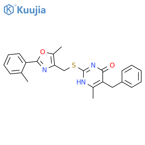 5-benzyl-6-methyl-2-({[5-methyl-2-(2-methylphenyl)-1,3-oxazol-4-yl]methyl}sulfanyl)pyrimidin-4-ol structure