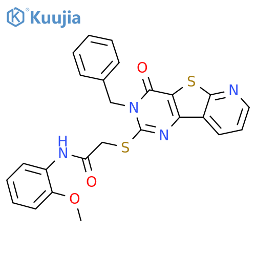 2-({5-benzyl-6-oxo-8-thia-3,5,10-triazatricyclo[7.4.0.0^{2,7}]trideca-1(9),2(7),3,10,12-pentaen-4-yl}sulfanyl)-N-(2-methoxyphenyl)acetamide structure