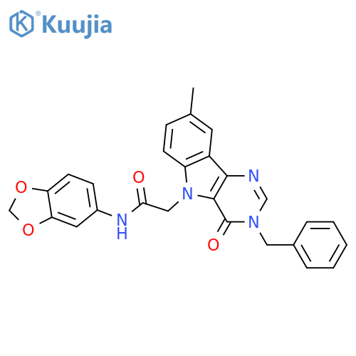N-(2H-1,3-benzodioxol-5-yl)-2-{3-benzyl-8-methyl-4-oxo-3H,4H,5H-pyrimido[5,4-b]indol-5-yl}acetamide structure
